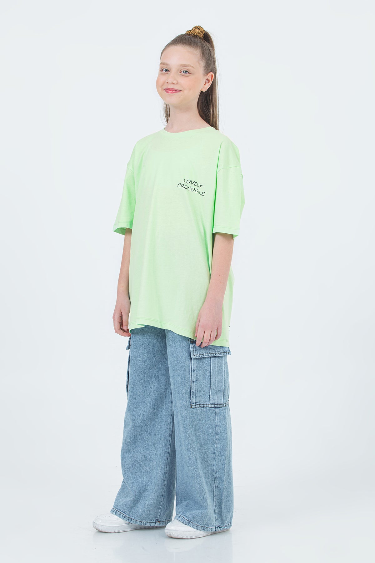 Girl Elastic Waist Cargo Pocket Wide Leg Jeans