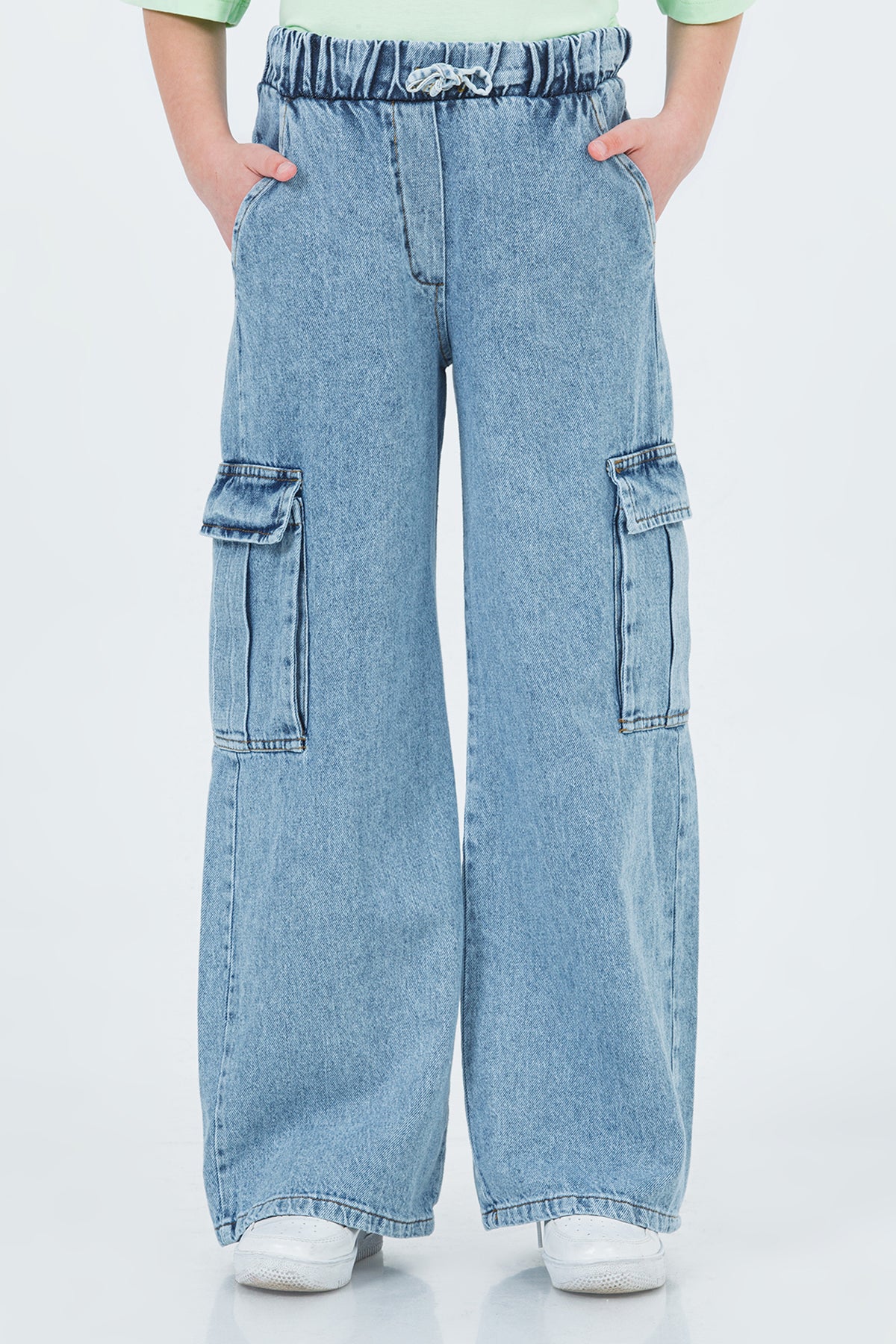 Girl Elastic Waist Cargo Pocket Wide Leg Jeans