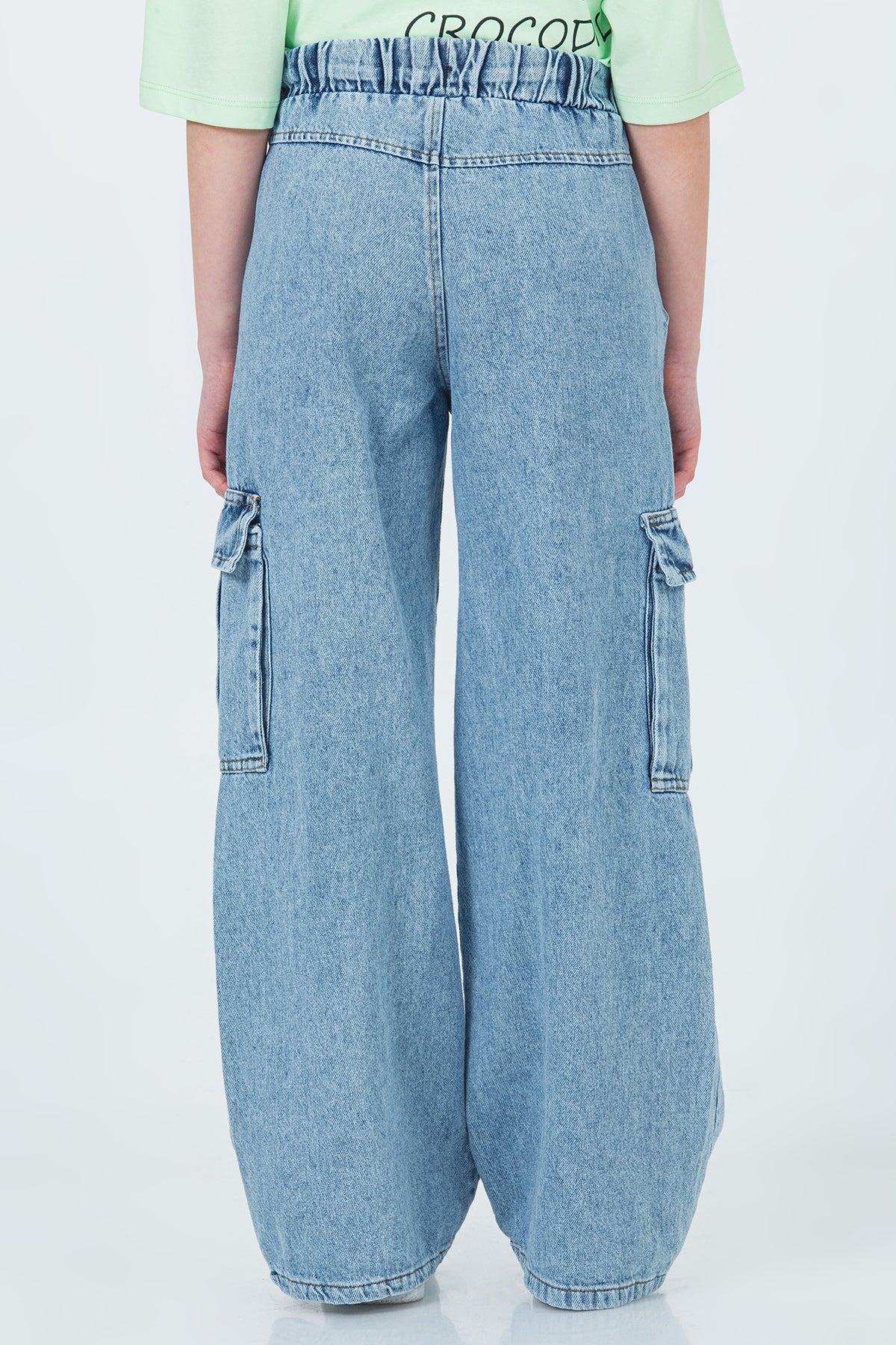 Girl Elastic Waist Cargo Pocket Wide Leg Jeans