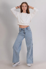 Girls Wide Leg Jeans with Star Detail On The Sides