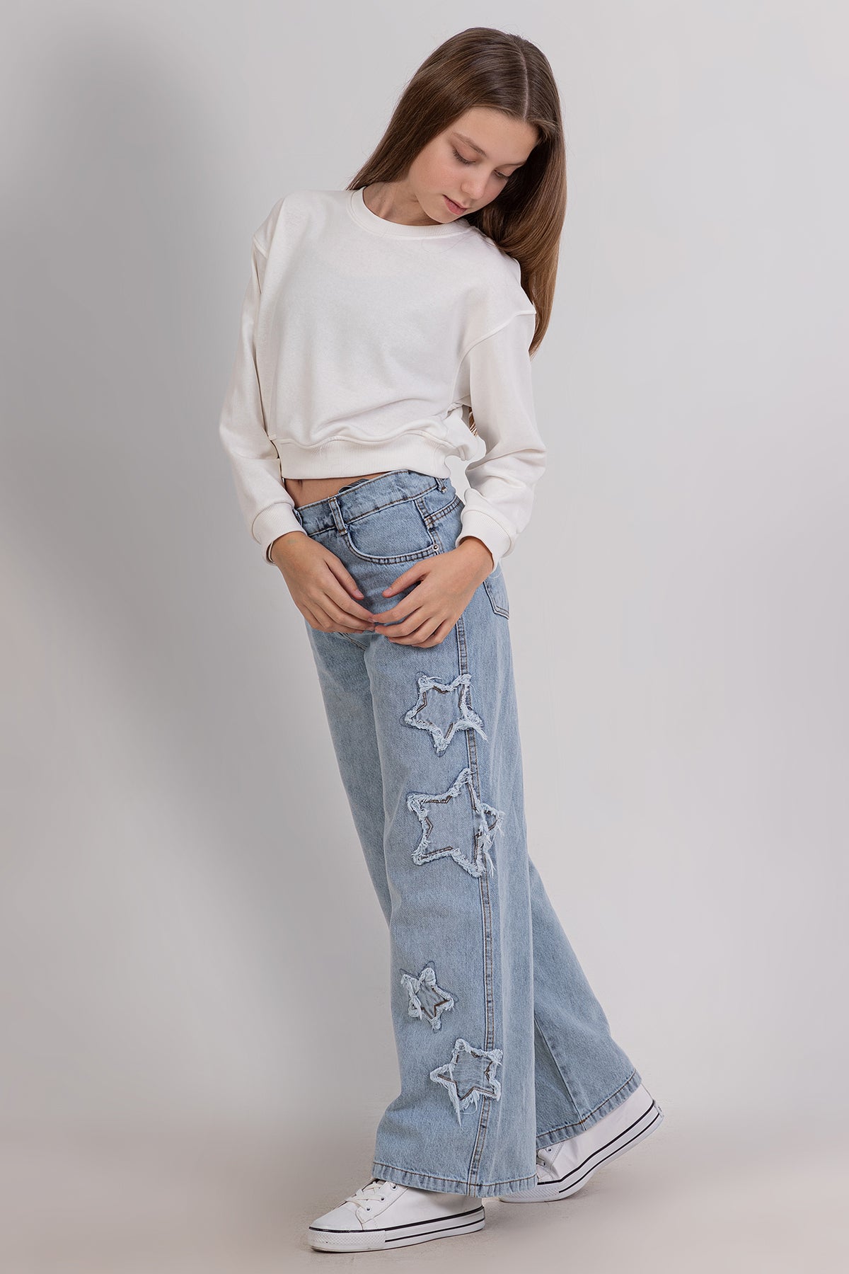 Girls Wide Leg Jeans with Star Detail On The Sides