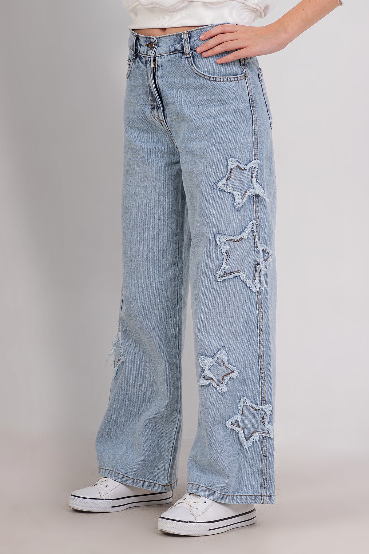 Girls Wide Leg Jeans with Star Detail On The Sides