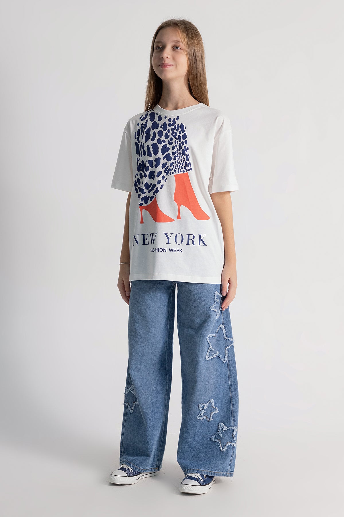 Girls Wide Leg Jeans with Star Detail On The Sides