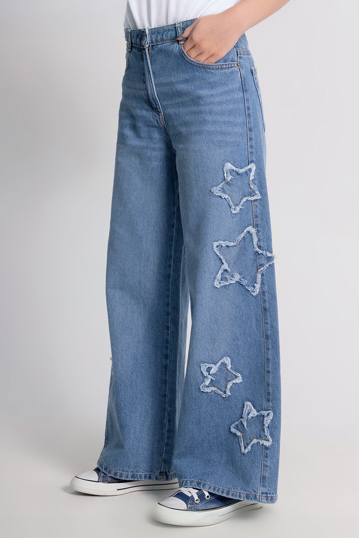 Girls Wide Leg Jeans with Star Detail On The Sides