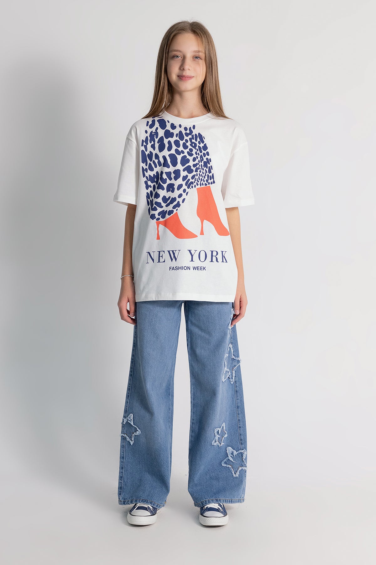 Girls Wide Leg Jeans with Star Detail On The Sides