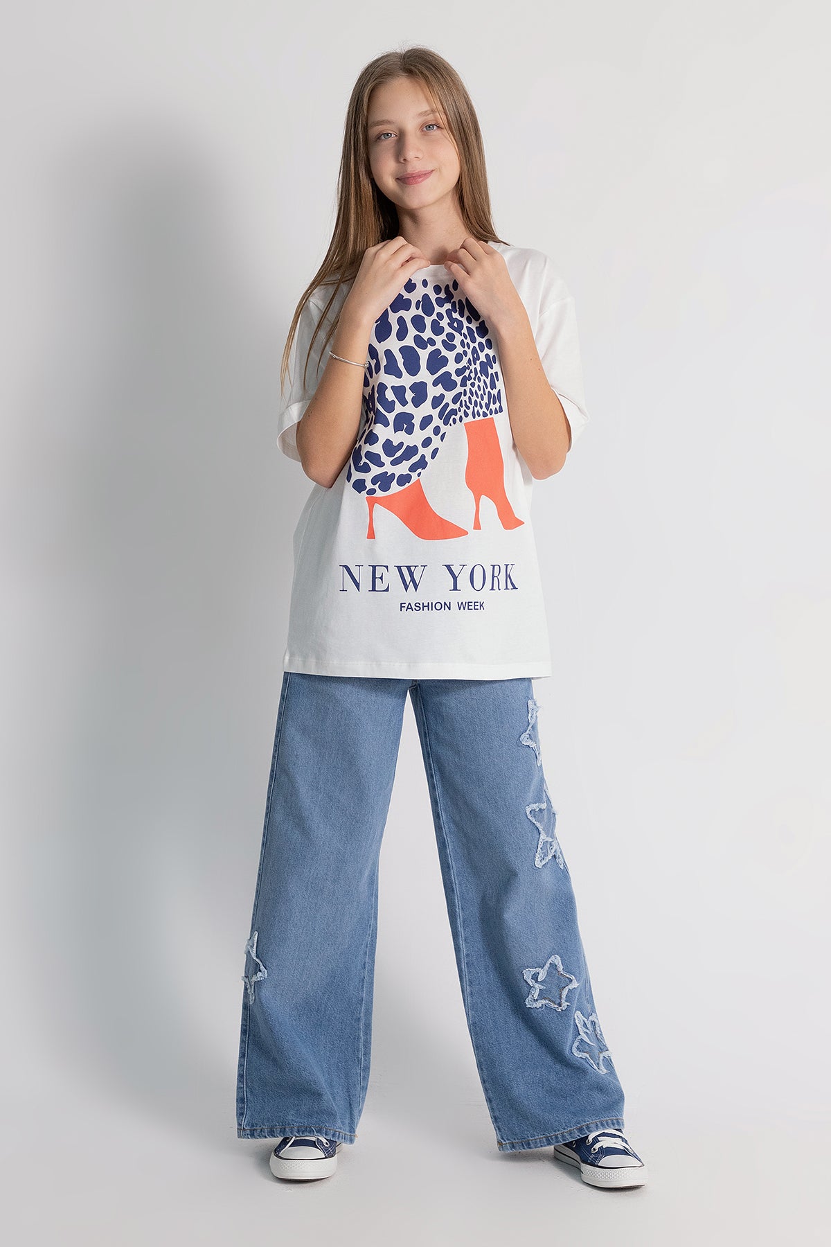 Girls Wide Leg Jeans with Star Detail On The Sides