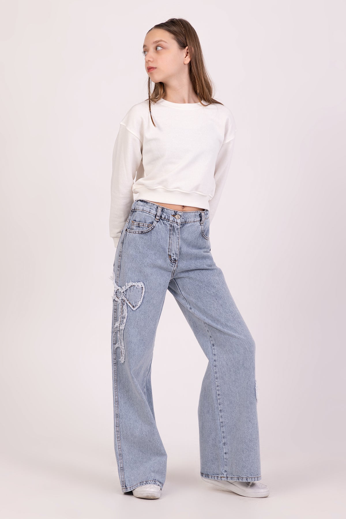 Girls Wide Leg Jeans with Ribbon Detail On The Sides