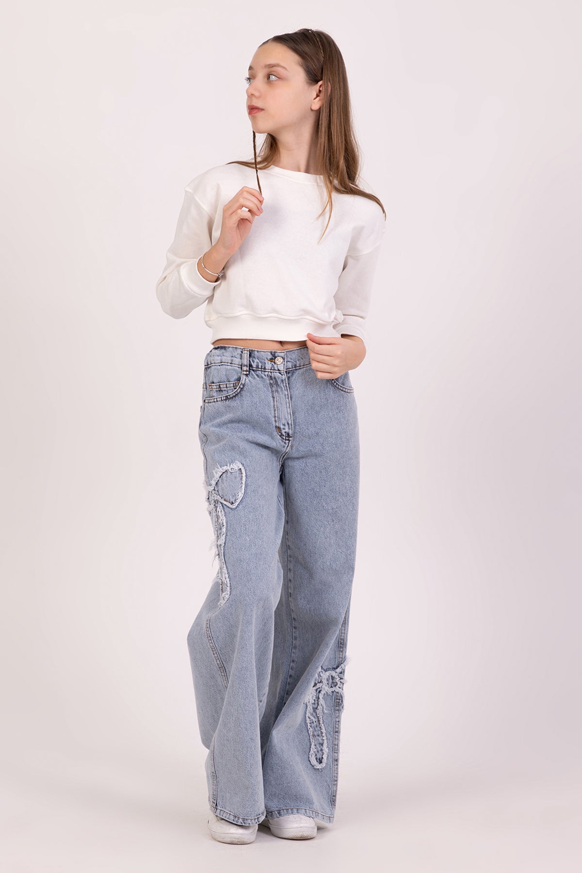 Girls Wide Leg Jeans with Ribbon Detail On The Sides