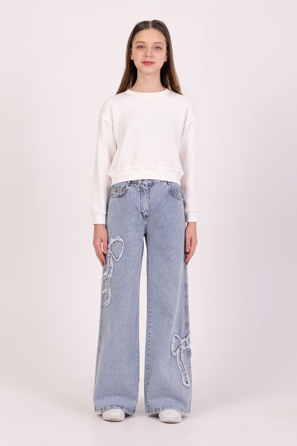 Girls Wide Leg Jeans with Ribbon Detail On The Sides