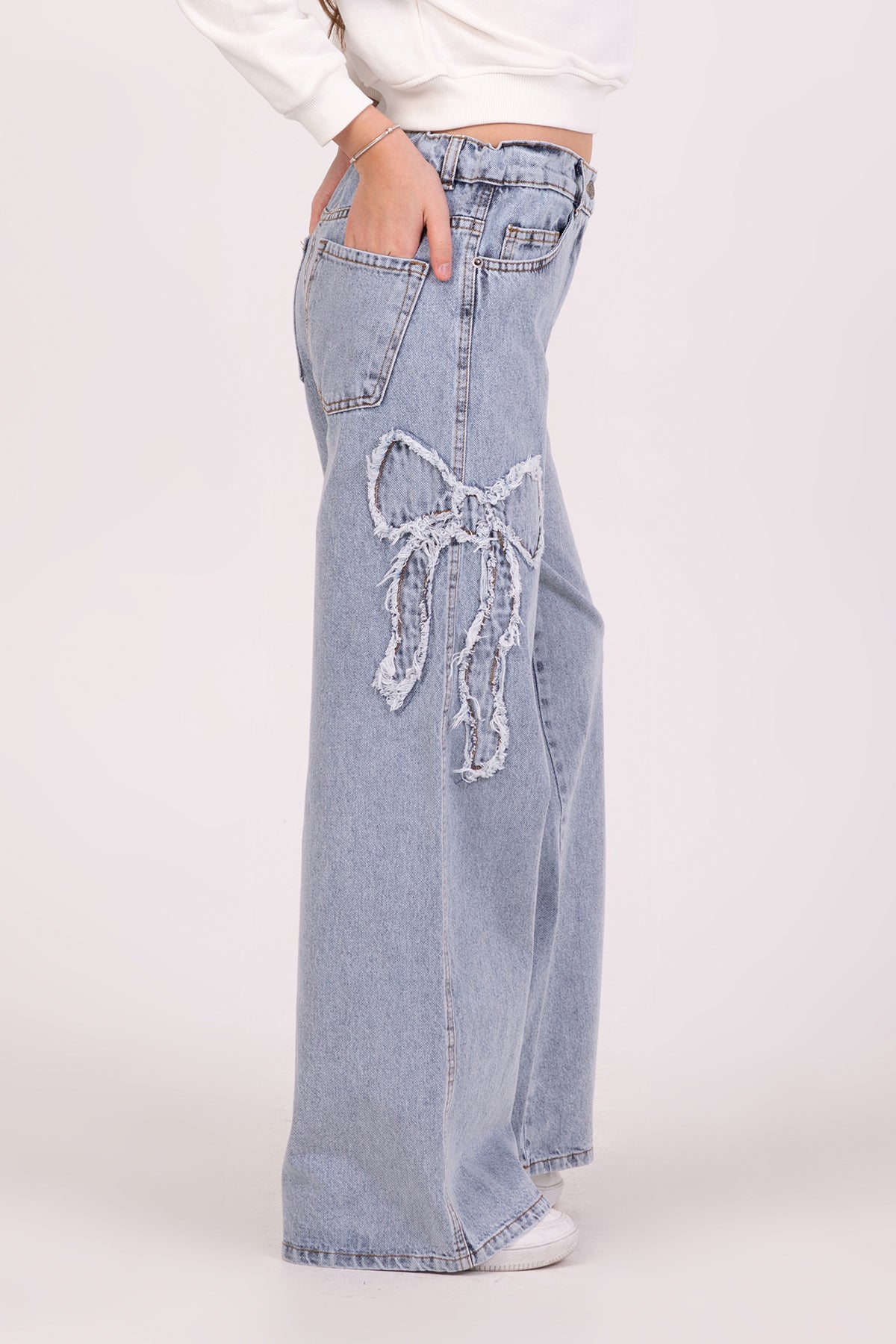 Girls Wide Leg Jeans with Ribbon Detail On The Sides