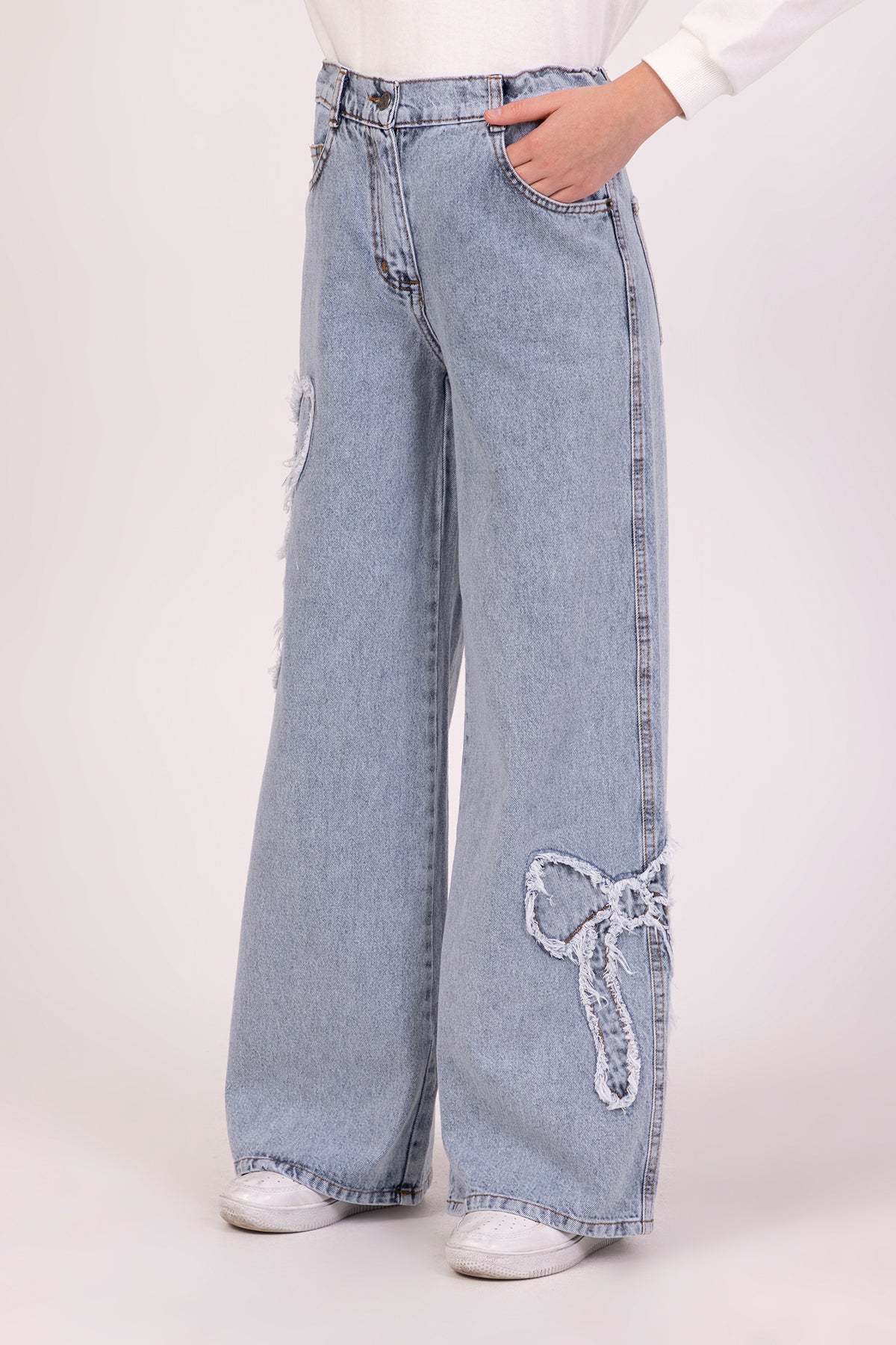 Girls Wide Leg Jeans with Ribbon Detail On The Sides