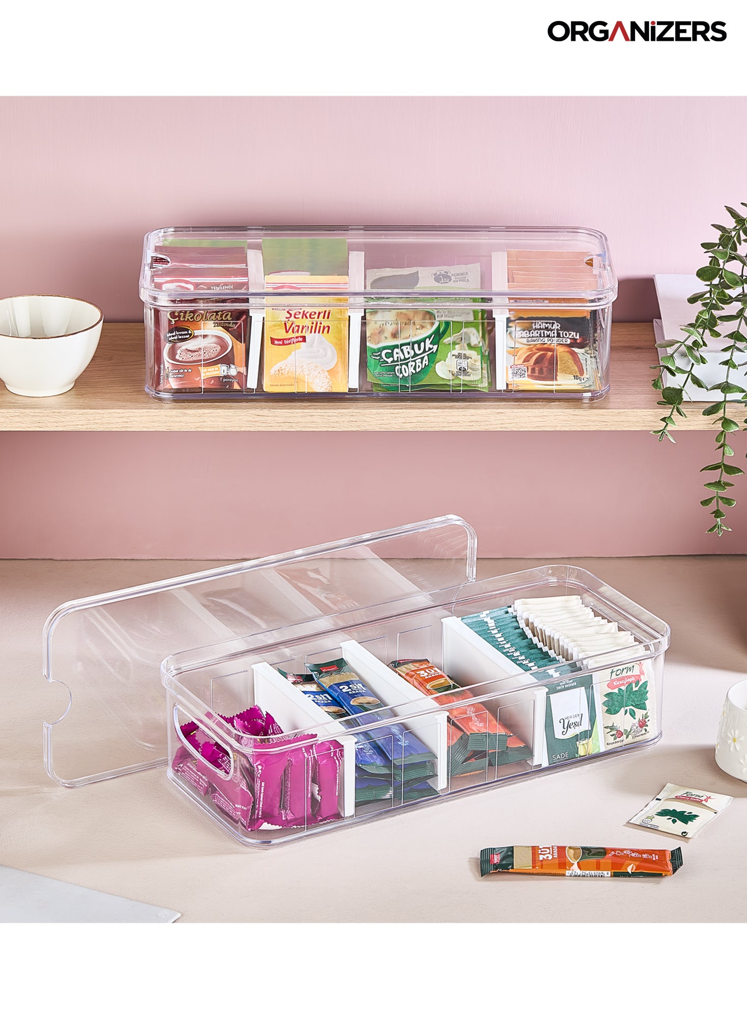 Organizers Countertop Plastic Large Storage Organizer Box - Tea Bag, Sugar Packet, Coffee Snack, Vegetables, 4 Compartment Functional Organizer Storage Box | BPA Free