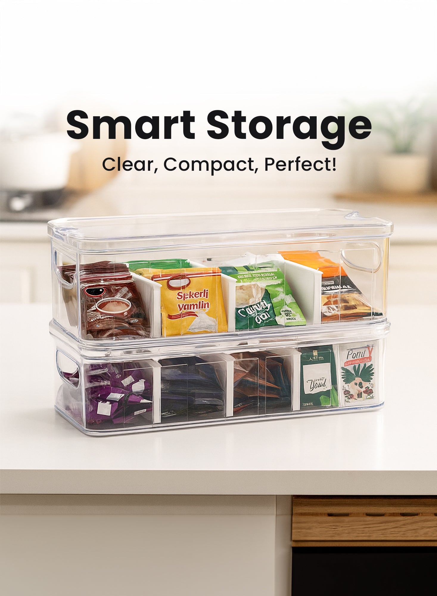 Organizers Countertop Plastic Large Storage Organizer Box - Tea Bag, Sugar Packet, Coffee Snack, Vegetables, 4 Compartment Functional Organizer Storage Box | BPA Free
