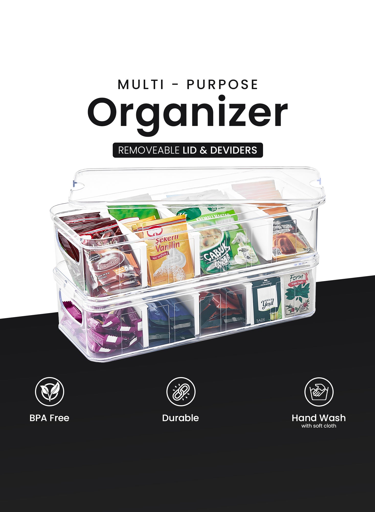 Organizers Countertop Plastic Large Storage Organizer Box - Tea Bag, Sugar Packet, Coffee Snack, Vegetables, 4 Compartment Functional Organizer Storage Box | BPA Free
