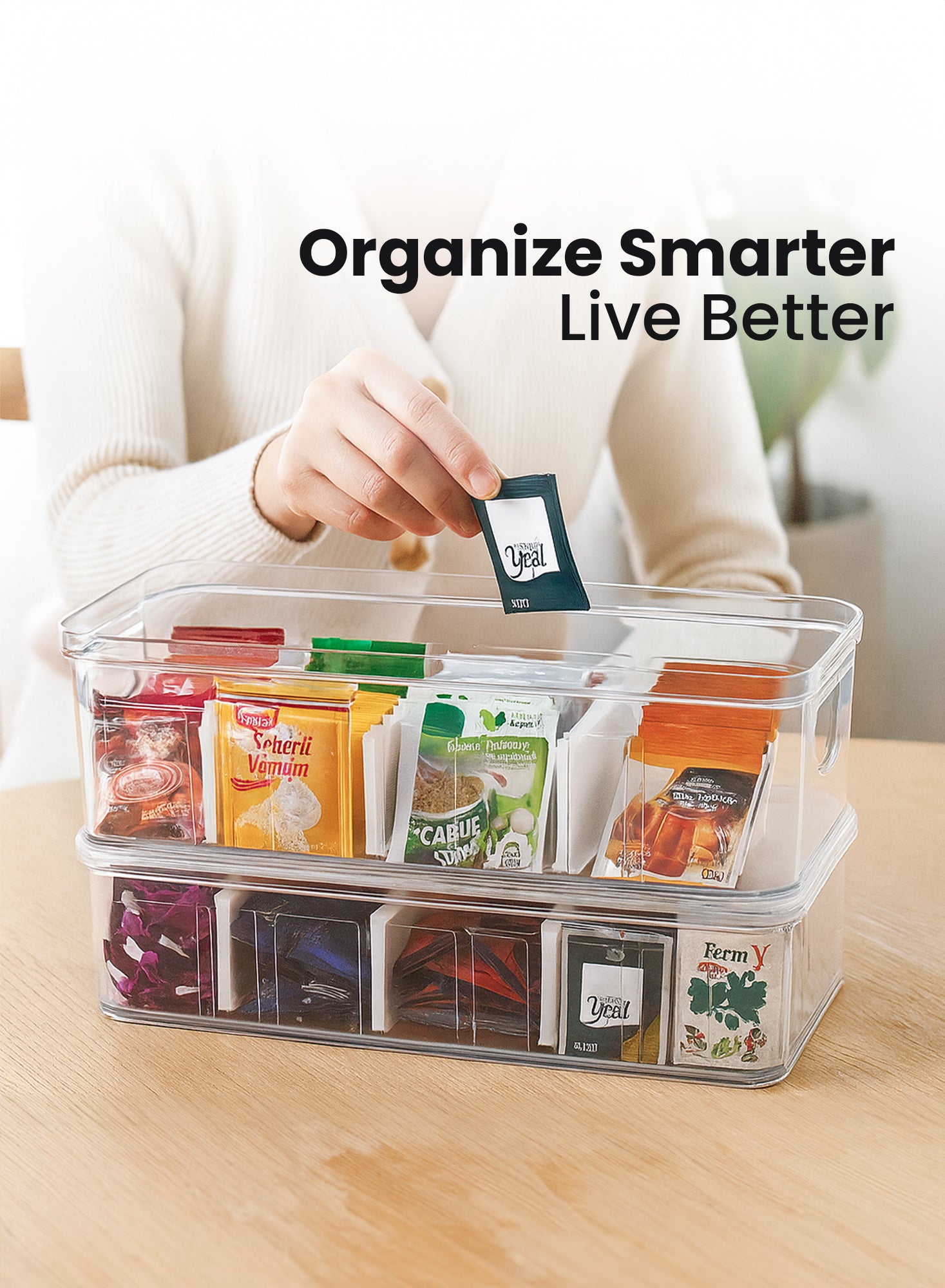 Organizers Countertop Plastic Large Storage Organizer Box - Tea Bag, Sugar Packet, Coffee Snack, Vegetables, 4 Compartment Functional Organizer Storage Box | BPA Free