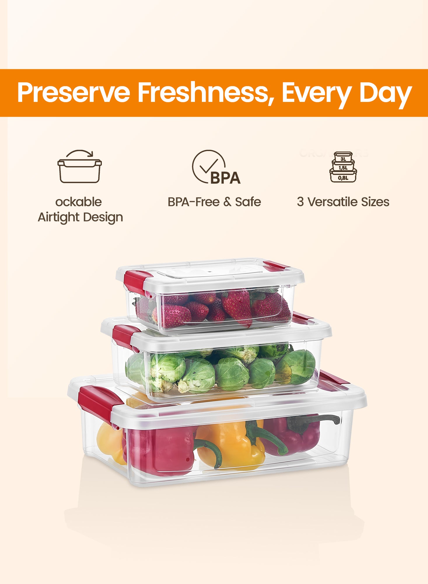 Organizers Set of 3 Lockable Plastic Storage Container Set, Nested Plastic Food Storage Container | Stackable (Gray) | BPA Free